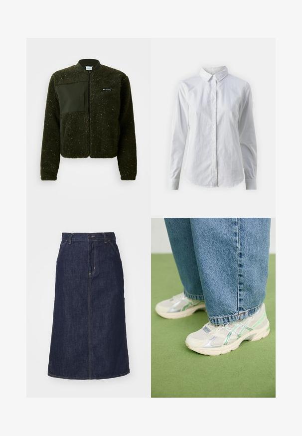 Zeleni fleeced jakna s patentnim zatvaračem sprijeda, rebrastim ovratnikom i teksturiranim završetkom s ravnim materijalnim oznakama i logom na prsima.; Bjela košulja na dugih rukava od glatkog pamuka, s klasičnom kragnom i zakrivljenim rubom. Dugmad su mala i bijela.; Tamni traper suknja s visokim strukom, ravnog kroja, prednjim džepovima i šavovima. Ima zatvarač i dugme na struku.; Bijele i srebrne mrežaste tenisice s zelenim akcentima, nosene s širokim plavim trapericama, stoje na zelenom tepihu.