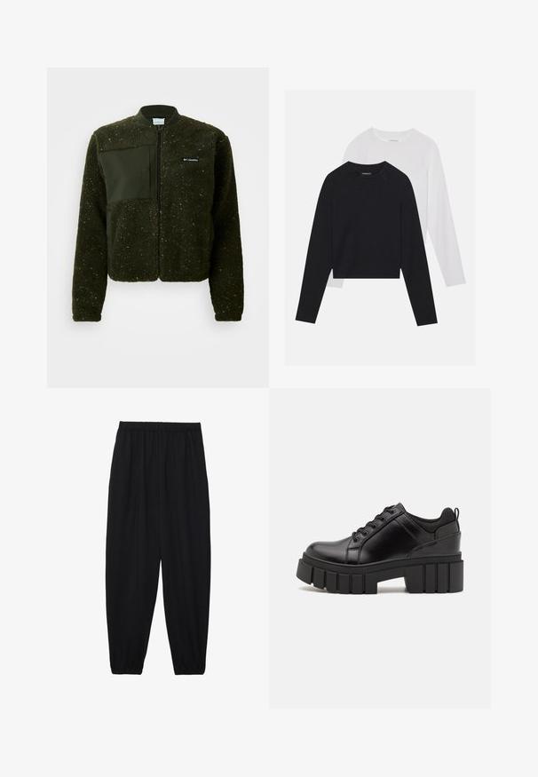 Jachetă din fleece verde cu fermoar frontal, guler ribflat și un finisaj texturat, dotată cu o patch din material plat și logo pe piept.; Două cămăși cu mâneci lungi: una neagră și una albă. Ambele au guler rotund, mâneci raglan și sunt realizate dintr-un amestec moale de bumbac.; Pantaloni negri, ușori, cu un brâu elastic și tivuri strânse. Materialul este neted și are un design relaxat, conic.; Pantofi cu talpă plată din piele neagră, cu toc gros, vârf rotund și design tradițional cu șireturi. Prezintă o textură netedă și detalii minime.