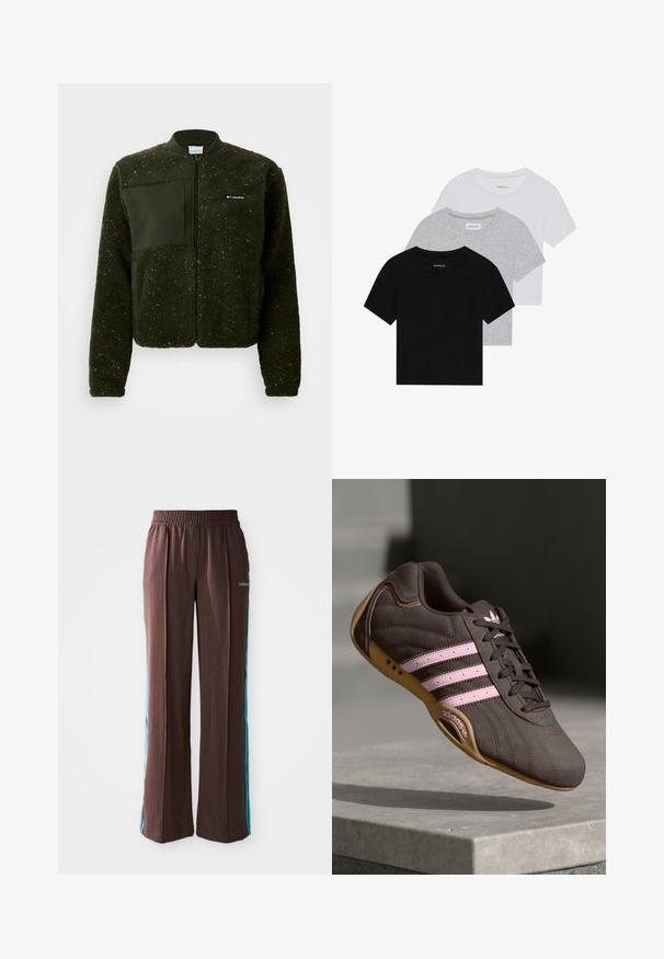 Zelená fleecová bunda so zipsom vpredu, rebrovaným golierom a textúrovaným povrchom s plochou látkovou nášivkou a logom na hrudi.; Sada troch tričiek s krátkym rukávom v čiernej, šedej a bielej farbe. Vyrobené z bavlny, s okrúhlym výstrihom a jednoduchým, jednofarebným dizajnom.; Hnedé športové nohavice s rebrovou textúrou, elastickým pásom a tyrkysovými bočnými pruhmi. Na prednej strane sa nachádza logo adidas.; Hnedé semišové športové topánky s ružovými pruhmi a logom, s textúrovaným vrchom, šnurovaním a gumovou podrážkou.