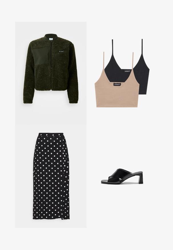 Veste en polaire verte avec fermeture éclair à l'avant, col côtelé et finition texturée. Un patch en tissu plat et un logo sont présents sur la poitrine.; Deux bralettes en coton : l'une en beige clair et l'autre en noir, dotées de fines bretelles et d'un décolleté en V. Étiquettes visibles à l'intérieur.; Jupe noire à pois blancs, faite en tissu doux. Elle présente une coupe droite et une fente en bas pour plus de liberté de mouvement.; Sandales à talons en cuir noir avec un design à lanières croisées, un bout carré et un talon bloc. Texture lisse avec peu de détails.