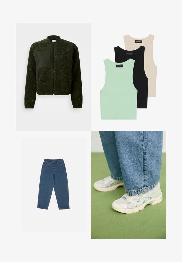 Roheline fleece-jakk, millel on lukuga esikülg, soonitud kaelus ning tekstuuriga viimistlus koos lapikui kangast plaastri ja logoga rindkerel.; Kolm t-särki mentool verdes, mustas ja beežis; ribakangast, ümmarguse kaelusega ja ilma varrukateta. Brändi silt on nähtav.; Sinised teksased, mis on lõdva lõikega, kõrge vöökohaga, viie tasku disainiga ja õmblusaktsentidega. Omab nupuga ja tõmblukuga sulgemist.; Valged ja hõbedased võrksneakerid roheliste detailidega, seljas laiad sinised teksad, seistes rohelise vaibaga põrandal.