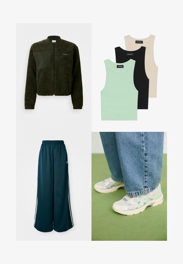 Žalias vilnonis džemperis su užtrauktuku, raiščiu apykakle ir tekstūruotu paviršiumi, su plokščiu audinio pleistru ir logotipu ant krūtinės.; Trys tankų marškinėliai mėtų žalsvos, juodos ir smėlio spalvos; pagaminti iš raiboto audinio, su apvaliu iškirpimu ir be rankovių. Matoma prekės ženklo etiketė.; Žalios plačios kelnės su elastine juosta, su trimis baltomis juostelėmis šoninėse dalyse ir Adidas logotipu kairėje pusėje.; Balti ir sidabriniai tinkliniai sportbačiai su žaliais akcentais, dėvimi su laisvomis mėlynomis džinsomis, stovint ant žaliai kiliminei dengtame grindyse.