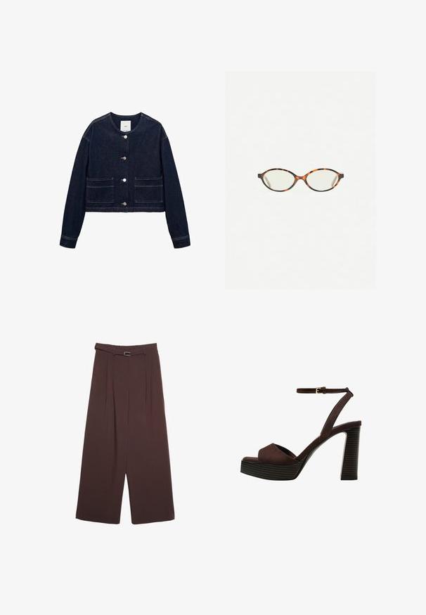 Temno modra jeans jakna z okroglo obrobo, sprednjimi gumbi, dvema žepoma na patentu in krajšo obliko. Brez vidnih vzorcev ali okrasnih elementov.; Rjava kratka majica s kratkimi rokavi iz mehkega materiala, s krožnim izrezom in ohlapnim krojem. Brez vidnih vzorcev ali dodatkov.; Stradivarius WIDE-LEG WITH BUCKLE DETAIL - Hlače - dark brown; Rjave semiš sandale z visoko peto, odprto spredaj, z nastavljivim gležnjenjem in črtastim podplatom.; Kornjačaste očala z ovalnimi lečami in gladko, sijočo površino. Imajo tanke stranice z rahlim ovinkom na templjih. Prosojne leče.