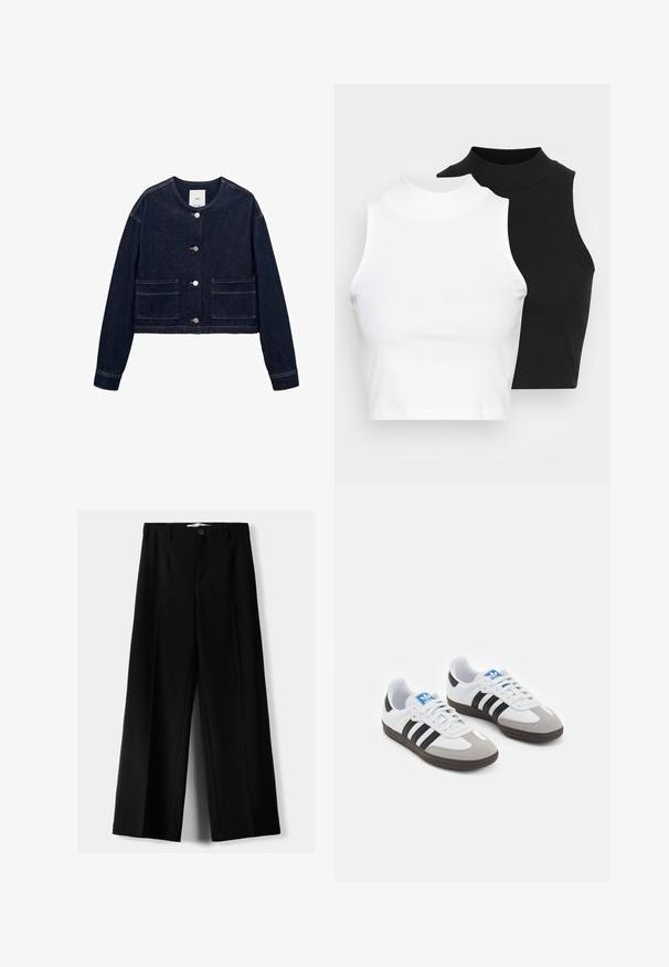 Dunkelblaue Jeansjacke mit rundem Ausschnitt, vorderen Knöpfen, zwei aufgesetzten Taschen und cropped Design. Keine sichtbaren Muster oder Verzierungen.; Zwei ärmellose, gerippte Rollkragenoberteile in Schwarz und Weiß, mit einer figurbetonten Passform und glatter Textur sowie einer cropped Länge.; Schwarze weite Hosen aus leichtem Stoff, mit einem Knopfverschluss vorne und flachem Bund, mit sorgfältig genähten Säumen.; Sportschuhe mit einem Obermaterial aus weißem Leder, grauer Wildleder-Zehenkappe und drei schwarzen Streifen. Sie verfügen über ein blaues Logo auf der Zunge und eine strukturierte Gummisohle.