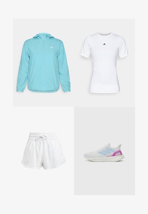 Gaiši zila kapucea jaka ar pilnu priekšējo rāvējslēdzēju, kurai ir mazs balts logo kreisajā krūtī un rāvējslēdzēju sānu kabatas.; Balts sporta krekls ar īsām piedurknēm, izgatavots no gludas, elastīgas auduma. Uz krūšu ir neliels melns Adidas logo.; Baltas sporta šorts ar elastīgu jostu un regulējamu auklu. Izgatavoti no viegla materiāla, ar sānu kabatām un brīvu piegriezumu.; adidas Performance PUREBOOST 5 - Apavi skriešanai pa asfaltu - white/glow blue/purple burst