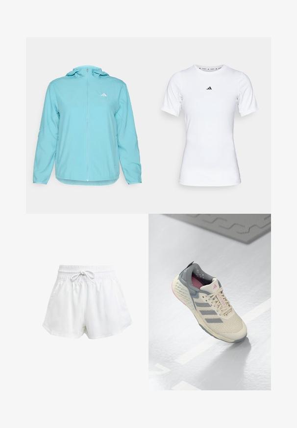 Vaaleansininen huppari, jossa on täysipitkä vetoketju, vasemmassa rinnassa pieni valkoinen logo ja vetoketjulliset sivutaskut.; Valkoinen urheilupaita lyhyillä hihoilla, valmistettu sileästä ja joustavasta kankaasta. Rinnassa on pieni musta Adidas-logo.; Valkoiset urheilushortsit, joissa on joustava vyötärö ja säädettävä nyöri. Kevyestä materiaalista valmistettu, sivutaskut ja väljä istuvuus.; Beige urheilukenkä, jossa on harmaita yksityiskohtia, verkkokangas päällinen ja teksturoitu pohja. Sisältää kolme harmaata raitaa ja vaaleanpunaiset sisäyksityiskohdat.