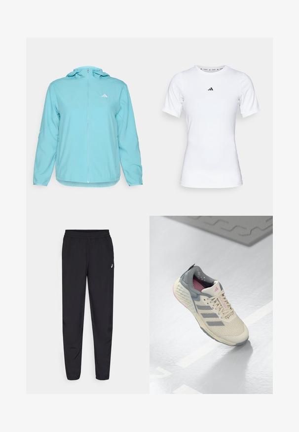 Svetlomodrá bunda s kapucňou a plným predným zipsom, ktorá má malé biele logo na ľavej hrudi a bočné vrecká so zipsom.; Biela športová tričko s krátkymi rukávmi, vyrobené z hladkej, elastickej tkaniny. Obsahuje malé čierne logo Adidas na hrudi.; Čierne športové nohavice s elastickým pásom, zúženými nohavicami so zátkami, vyrobené z ľahkého, hladkého materiálu, a malým logom na stehne.; Béžová športová obuv s šedými akcentmi, sieťovinovým zvrškom a textúrovanou podrážkou. Obsahuje tri šedé prúžky a ružové vnútorné detaily.