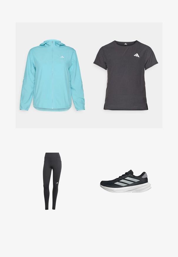 Světle modrá bundu s kapucí a plným předním zipem, na levé části hrudi má malé bílé logo a boční kapsy na zip.; Kraťasový sportovní tričko, tmavě šedé barvy s perforovanou texturou. Obsahuje bílé logo a kontrastní boční pruhy. Kulatý výstřih.; Černé sportovní legíny s vysokým pasem, vybavené boční kapsou a bílým logem na dolní části levé nohy. Materiál vypadá prodyšně.; Černé běžecké boty s vrchní částí z prodyšné síťoviny, třemi stříbrnými pruhy, bílou mezipodešví a texturovanou podešví. Obsahují polstrovaný límec a šněrování.