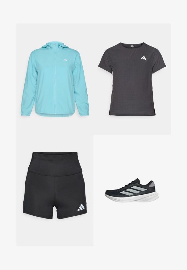 Lichtblauwe hoodie met een volledige rits aan de voorkant, voorzien van een klein wit logo op de linker borst en ritszakken aan de zijkanten.; Korte mouwen sport t-shirt, donkergrijs met geperforeerde textuur. Bevat een wit logo en contrasterende zijstrepen. Ronde halslijn.; adidas Performance Tights - black; Zwarte hardloopschoen met een mesh bovenzijde, drie zilveren strepen, witte middenzool en een gestructureerde loopzool. Heeft een gevoerde kraag en een vetersluiting.