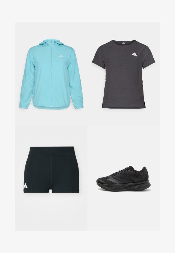 Veste à capuche bleu clair avec une fermeture éclair sur le devant, présentant un petit logo blanc sur la poitrine gauche et des poches latérales zippées.; T-shirt de sport à manches courtes, gris foncé avec une texture perforée. Présente un logo blanc et des rayures latérales contrastantes. Encolure arrondie.; Shorts de sport noirs en tissu extensible, avec une taille haute, une coupe ajustée et un logo Adidas blanc sur le côté gauche.; Chaussure de course noire avec une tige en maille respirante, un bout arrondi, un design épuré, des accents texturés et une semelle rembourrée pour le confort.