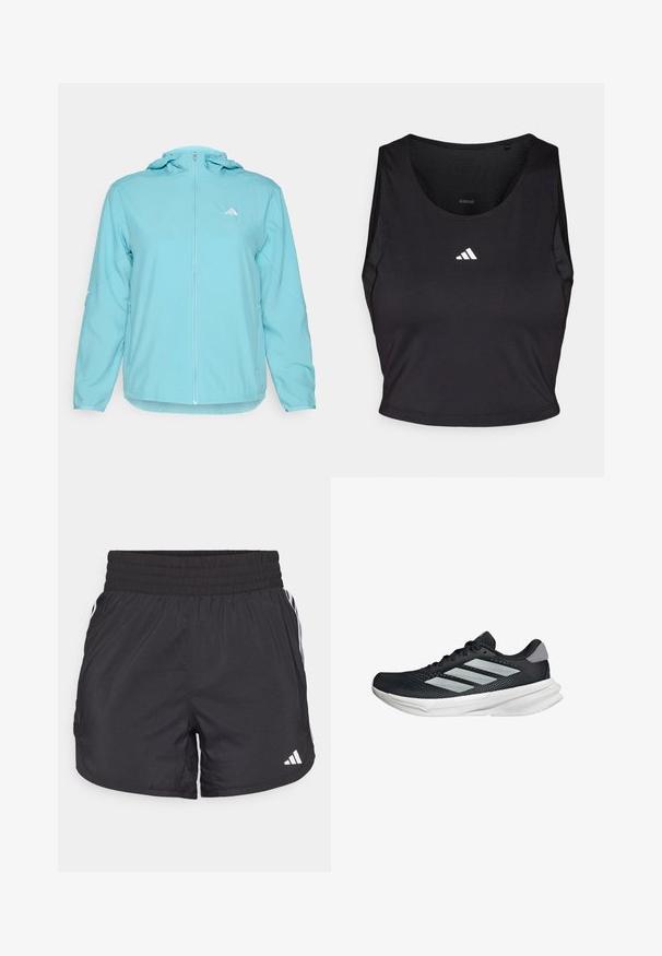 Hellblaues Hoodie mit durchgehendem Reißverschluss, ausgestattet mit einem kleinen weißen Logo auf der linken Brust und seitlichen Reißverschlusstaschen.; Schwarzes Sport-Crop-Top aus feuchtigkeitsableitendem Material, mit rundem Halsausschnitt, ärmellosem Design und weißem Logo auf der Brust.; Schwarze Sportshorts mit elastischem Bund, seitlichen Taschen und weißen Streifenakzenten an den Seiten. Hergestellt aus leichtem Material.; Schwarzer Laufschuh mit Mesh-Obermaterial, drei silbernen Streifen, weißer Zwischensohle und strukturiertem Außensohle. Verfügt über einen gepolsterten Schaft und eine Schnürung.