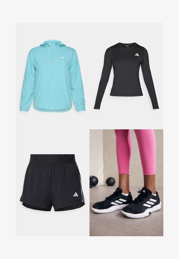 Jachetă cu glugă de culoare albastru deschis, cu un fermoar pe întreaga față, având un mic logo alb pe pieptul stâng și buzunare laterale cu fermoar.; Cămașă sportivă neagră cu mâneci lungi, fabricată dintr-un material neted și elastic. Prezintă un logo alb pe piept. Design ajustat cu decolteu rotund.; Shorts de atletism negri cu un brâu elastic, având o bandă texturată, dungi laterale și un logo alb Adidas pe tivul de jos.; Adidași negri cu dungi albe, suprafață din plasă texturată și talpă albă. Purtați cu colanți roz, evidențiind îmbrăcămintea sport.