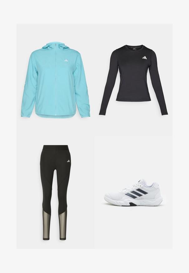 Lyseblå hettejakke med full glidelås foran, med en liten hvit logo på venstre bryst og glidelåslommer på siden.; Svart langermet treningsskjorte laget av glatt, elastisk materiale. Har en hvit logo på brystet. Tettsittende design med rund hals.; Sorte treningsbukser med høy midje, med mesh-detaljer på nedre ben og brodert logo på hoften.; Hvit sportsko med mesh-overdel, tre svarte striper på siden, teksturerte detaljer og en solid gummisåle med en kontrasterende svart seksjon.