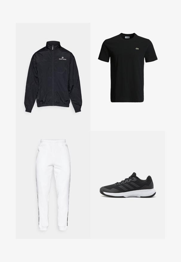 Sergio Tacchini NAYLA TRACK - Jakna za treniranje - black/gardenia; Crna pamučna majica s okruglim izrezom, kratkim rukavima i malim zelenim logoom krokodila s lijeve strane na prsima. Glatka tekstura, ležeran dizajn.; Bijele trenirke s elastičnim pojasom, s crnim bočnim trakama i manžetama. Izrađene od mekog materijala s glatkom teksturom.; Crna atletska cipela s teksturiranim gornjim dijelom, tri horizontalne pruge i bijelom potplatu s uzorkom. Lagani i aerodinamični dizajn.