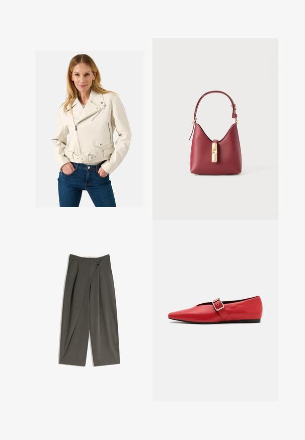 Witte leren motorjack met een ceintuur in de taille, ritszakken en een asymmetrische voorkant. G Draag aan met blauwe denim jeans.; Bloemenpatroon shirt met een lichtroze achtergrond, met groene bladeren en verschillende kleurrijke bloemen. Knopen ontwerp, lange mouwen.; Cropped broek met wijde pijpen in een donkergrijze stof. Heeft een platte voorkant, zijzakken en een enkele knoopsluiting. Glad textuur, op maat gemaakte pasvorm.; Rode leren platte schoen met een spitse neus, voorzien van een zijkant band met een metalen gesp en een lage zwarte hak. Gladde textuur overal.; Rood leren handtas met een kenmerkende gebogen vorm, verstelbare schouderband en een goudkleurige sluiting aan de voorkant. Zachte textuur, minimalistisch ontwerp.; Goudkleurige Michael Kors horloge met een ronde kast, metalen schakelschoen, minimalistische wijzerplaat, drie sub-dials en datumaanduiding op 6 uur.