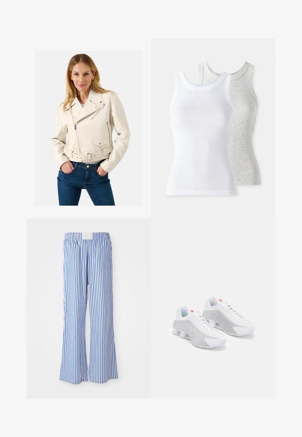 Weiße Leder-Motorradjacke mit Gürtel in der Taille, Reißverschlusstaschen und einem asymmetrischen Schnitt. Getragen mit blauen Jeans.; Zwei ärmellose Tanktops: eines in Weiß mit gerippter Textur und eines in Hellgrau mit subtilen Melange-Muster. Beide haben runde Ausschnitte.; Blaue und weiße gestreifte Hose mit lockerer Passform, aus leichtem Stoff, mit elastischem Bund und einem dezenten Logo-Tag.; Weiße Sportschuhe mit grauen Akzenten, die eine strukturierte Oberseite, Belüftungsperforationen und eine segmentierte Ferse für Dämpfung aufweisen.