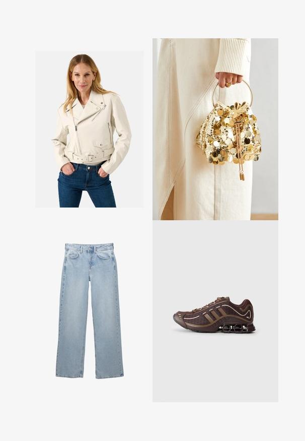 Witte leren motorjack met een ceintuur in de taille, ritszakken en een asymmetrische voorkant. G Draag aan met blauwe denim jeans.; Zwarte longsleeve top van zacht materiaal, met een gedrapeerd ontwerp en een kruislings front en een boot halslijn. Soepele textuur, cropped lengte.; Lichtblauwe denim jeans met een wijdere pijpdesign, voorzien van een knoop- en ritsluiting, vijf zakken en minimale stikseldetails.; Bruin sportschoen met bovenkant van mesh en synthetisch materiaal, voorzien van drie strepen, gedetailleerde stiksels, tochtige zool en kenmerkende veerkrachtige hak.; Gouden pailletten trekkoord handtas met een ronde handgreep, versierd met glanzende ronde pailletten en een gemêleerde stof. Afmetingen zijn niet opgegeven.