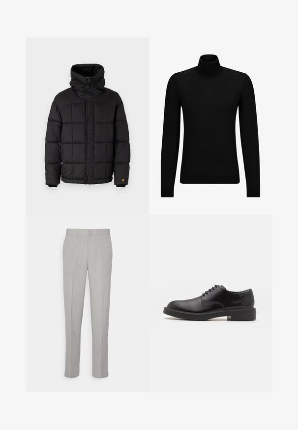 Svart boblejakke med høy krage, quiltet design, glidelås foran og svarte ribbede mansjetter. Har en liten gul logo på ermet.; Svart genser med høy hals laget av mykt materiale, med lange ermer og en tettsittende passform. Ribbestrikket kant nederst og ved ermene. Enkelt design.; Lys grå bukser med en glat tekstur, flad front og lige ben. Fremstillet af åndbart stof og med indvendige lommer og bæltesløjfer.; Svart lær snøre sko med rund tå, glatt tekstur, minimal søm, og lav gummihæl. Logo på hælen.