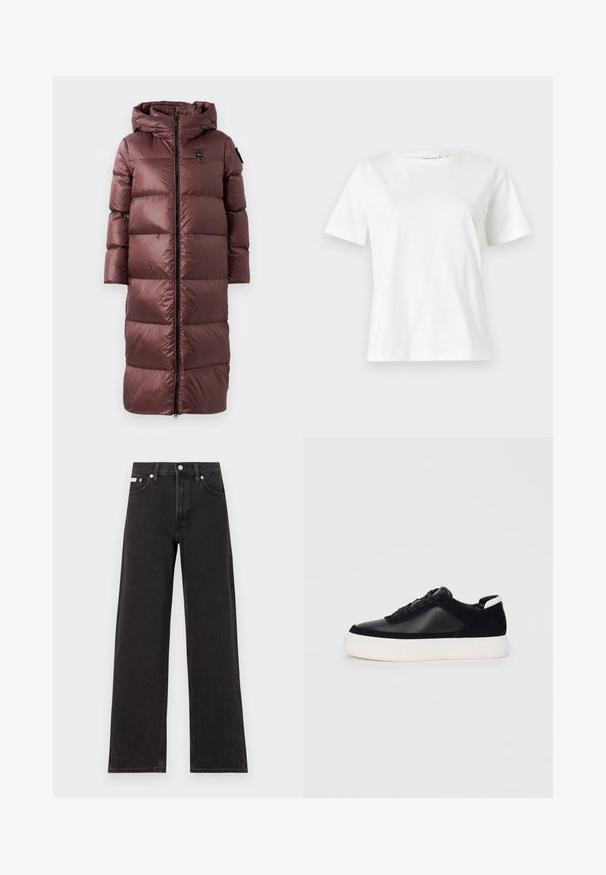Hosszú, párnázott kabát mély bordó színben. Kapucnival, elülső cipzárral és széles, vízszintes steppeléssel rendelkezik. Simább, fényes felület, diszkrét márkázási részlettel.; Fehér pamut póló rövid ujjakkal, kerek nyakkivágással és laza szabással. Sima textúra, nincsenek minták vagy díszítések, minimalista dizájn.; Fekete, bőszárú farmernadrág, magas derekú, öt zsebes kialakítással és fém gombos záródással, kontrasztos varrással.; Fekete sportcipő sima bőrből és velúr panelekkel, lapos fűzőkkel, kerek orral és fehér gumi talppal. Megkülönböztető logó a sarkán.