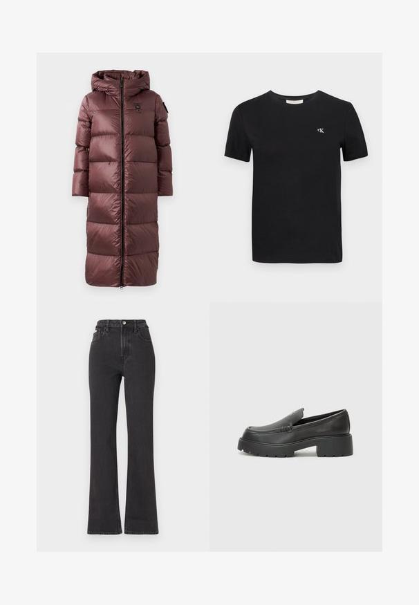 Ilgas, paminkštintas paltas giliai bordo spalvos. Yra gobtuvas, priekinė užtrauktukas ir platus horizontalus siuvinėjimas. Lygi, blizgi tekstūra su subtilia prekės ženklo detalė.; Juodas medvilnės marškinėlis su klasikiniu apykaklės kirpimu, trumpomis rankovėmis ir mažu baltu išsiuvinėtu "ck" logotipu ant krūtinės.; Juodi aukštu liemeniu platėjantys džinsai, pagaminti iš džinsinio audinio, su mygtuko uždarymu, diržo kilpomis ir šoninėmis kišenėmis. Lygus paviršius su minimaliais išblukimais.; Juodi odiniai loaferiai su apvaliu pirštu, storu tekstūruotu padu ir minimaliu siūlių dekoru. Išskirtinis dizainas be matomų raištelių ar furnitūros.
