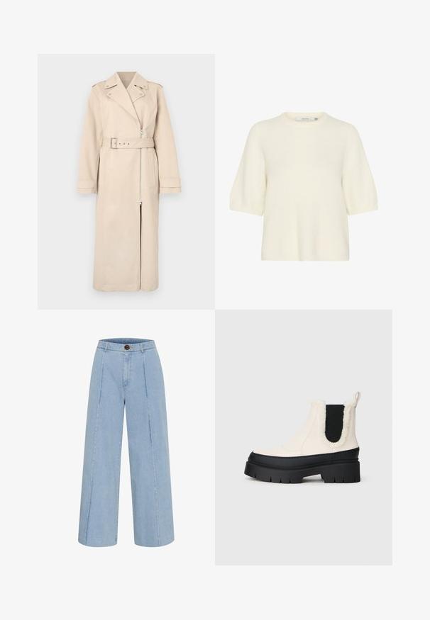 Beige színű esőkabát kétsoros gombolással, cipzáras zárással, övvel ellátott derekkal és oldalsó zsebekkel. Szerkezete markáns vállakat és hosszú ujjakat tartalmaz.; Rövid ujjú, kerek nyakú pulóver puha, bolyhos anyagból, krémszínben. Lazább szabású, bordázott mandzsettákkal és szegéllyel rendelkezik.; Világoskék, bő szárú farmernadrág gombos záródással, két függőleges elülső varrással.; Söprű platform bokacsizma fehér felsőrésszel, fekete gumi talppal és kontrasztos fekete elasztikus oldalszíjakkal. Műszőrme díszítés a felső szélen.