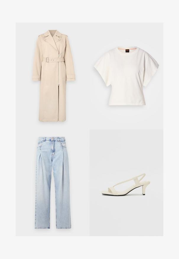 Beige színű esőkabát kétsoros gombolással, cipzáras zárással, övvel ellátott derekkal és oldalsó zsebekkel. Szerkezete markáns vállakat és hosszú ujjakat tartalmaz.; Fehér, rövid, bő ujjú, crop szabású póló, puha pamut anyagból, kerek nyakkivágással, finom narancssárga díszítéssel, minimalista dizájn, minta vagy grafika nélkül.; Világoskék farmernadrág magas derekú, bő szabású, két oldalsó zsebbel és pliszírozott dizájnnal. Puha tapintású, elhalványított felület.; Beige színű, blokksarkú szandálok vékony pántokkal és négyzet alakú orral. Simább anyag, minimális részletezéssel, amely könnyű viselésre lett tervezve.