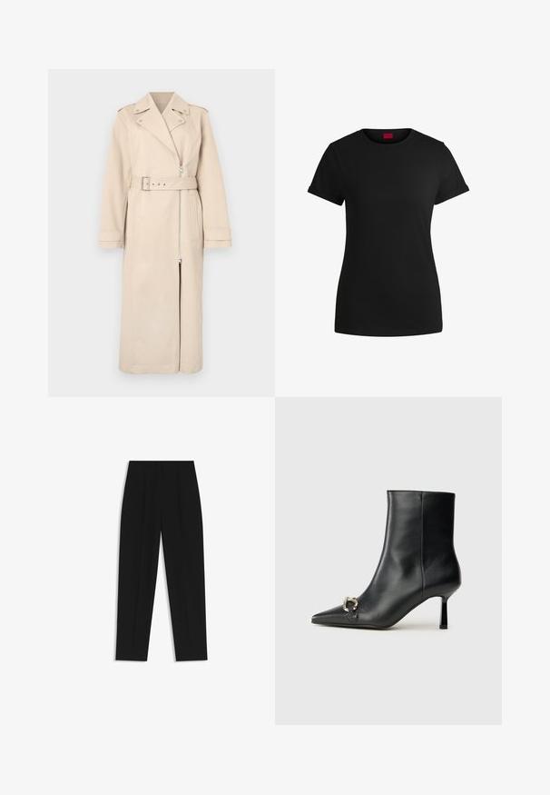 Trench coat beige con un diseño de doble botonadura, cierre de cremallera, cintura con cinturón y bolsillos laterales. Presenta hombros estructurados y mangas largas.; Camiseta de algodón negra con mangas cortas enrolladas, escote redondo y etiqueta roja. Textura suave, forma ajustada y con un detalle minimalista.; Pantalones negros de corte recto, con doble pinza, textura suave y un diseño de cinturilla clásica. Sin hardware o acentos visibles.; Botín negro de cuero hasta el tobillo con punta afilada, tacón delgado de altura media y detalle de hebilla plateada en el lateral, sobre un fondo liso.