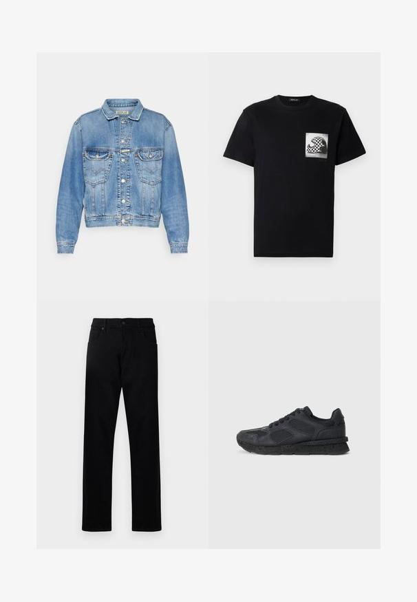 Valaisin sininen farkkutakki klassisella leikkauksella, kahdella etupussilla, napituksilla ja ommelluilla yksityiskohdilla saumoissa ja kauluksessa.; Musta puuvillapaita, jossa on ruudullinen graafinen kuvitus neliön muodossa vasemmassa rinnassa. Suunnittelussa on aaltoja ja jäniksen siluetti.; Mustat farkut suoran lahje muotoilulla. Ominaisuuksiin kuuluvat kaksi etutaskua, nappikiinnitys ja siisti, tasainen pinta.; Replay ARTHUR ATOM - Matalavartiset tennarit - black