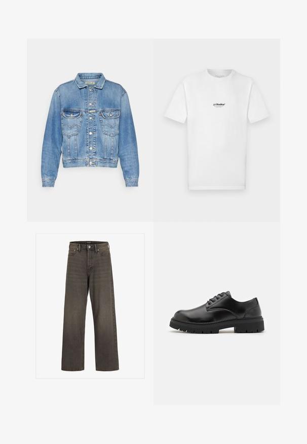 Valaisin sininen farkkutakki klassisella leikkauksella, kahdella etupussilla, napituksilla ja ommelluilla yksityiskohdilla saumoissa ja kauluksessa.; Valkoinen puuvillainen t-paita, jossa on lyhyet hihat ja pyöreä pääntie. Edessä pieni musta "JJ Studios" -logo.; Valkoset farkut tummanharmaasta denimestä, joissa on korkea vyötärö, klassinen viisi-taskuinen muotoilu ja erottuvat ompeleet saumoissa.; Mustat nahkakengät, joissa on pyöristetyt varpaat, nauhakiinnitys ja paksu, tekstuurilla varustettu kumipohja. Sisältää tikkausta reunoilla ja sileän pinnan.