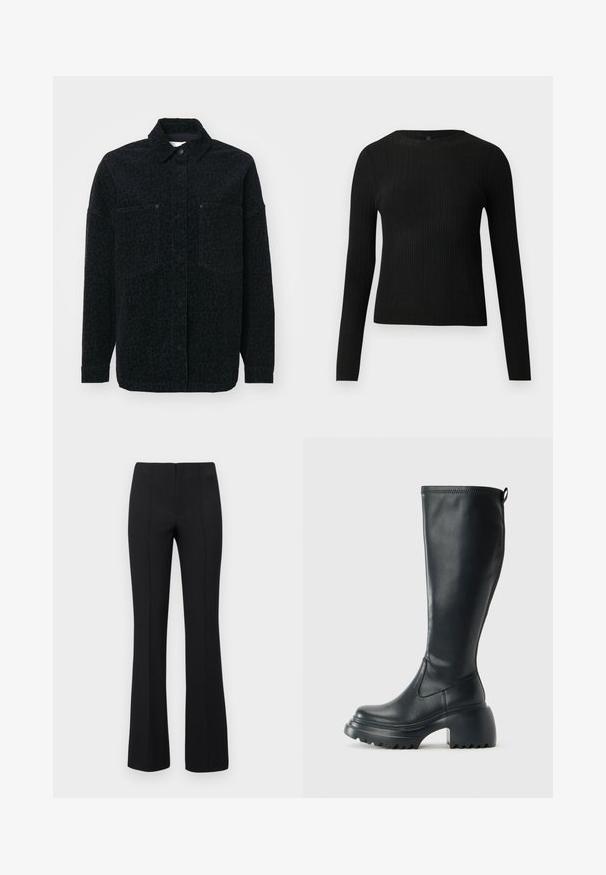 Must jakk musta, millel on peen leopardi muster, kaks esist taskut ja kraega kaelus, valmistatud tekstuurist kangast.; Mustmustriibuline must pikavarsiline sobiv sviiter ümmarguse kaelusega, esitatud helehallil taustal.; Mustad lõhkedega püksid ribatekstuuriga ja kitsas vöökoht. Disainil on vertikaalsed õmblused, et saavutada voolujooneline välimus. Nähtavaid metallosi ei ole.; Kõrge must nahksaapad, millel on massiivne platvormi tald ja blokk-kand, varustatud tõmbenööriga ja tekstuuriga väljatõmbejääk.