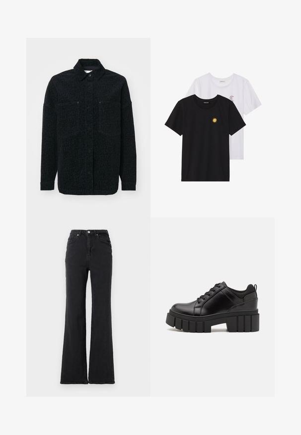 Schwarze Shirtjacke mit dezentem Leopardenmuster, zwei Fronttaschen und kragenförmigem Ausschnitt, aus strukturiertem Stoff gefertigt.; Schwarz-weiße T-Shirts, Rundhals, kurze Ärmel. Das schwarze Shirt hat eine gelbe Sonnenstickerei; das weiße eine lila Halbmond-Akzent.; Schwarze, hoch taillierte Jeans mit einem ausgestellten Bein, Knopfverschluss vorne und fünf Taschen-Design vor einem schlichten weißen Hintergrund.; Schwarze Lederplateauschuhe mit klobigem Blockabsatz, runder Zehenpartie und traditionellem Schnürdesign. Verfügt über eine glatte Textur und minimale Details.