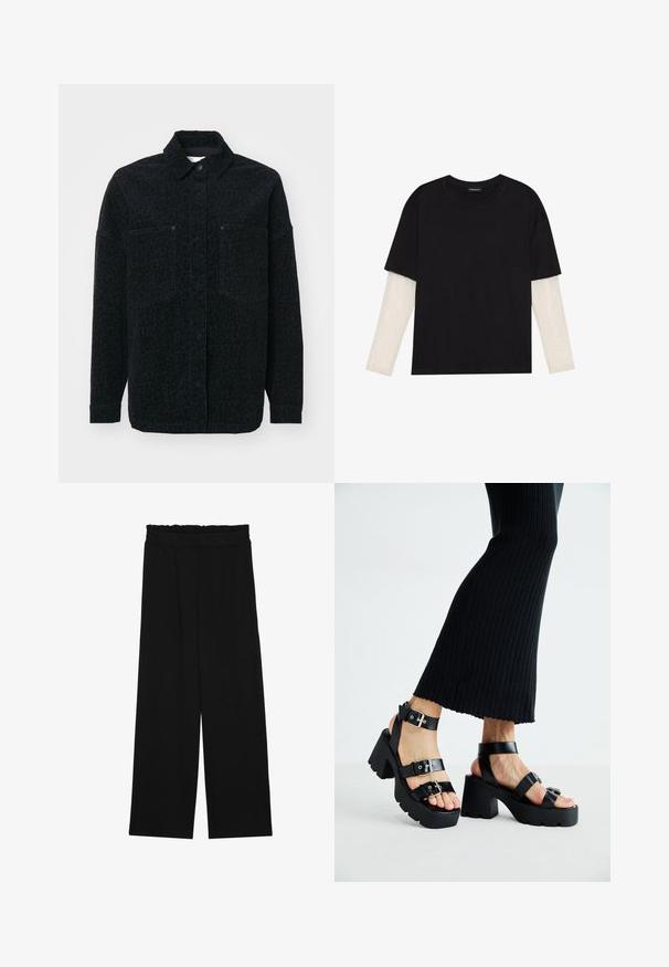 Crna košulja jakna sa suptilnim leopard printom, dva prednja džepa i ovratnikom, izrađena od teksturiranog materijala.; Crni majica od pamuka, s kratkim rukavima preko bijele dugorukave slojevite s suptilnim teksturiranim uzorkom. Dizajn s okruglim izrezom.; Crne široke hlače s naboranim pojasom, koje imaju dva bočna džepa i glatku, laganu tkaninu. Nema vidljivih uzoraka ili metalnih dijelova.; Crne platforme sandale s debelim, nazubljenim potplatima i višestrukim trakama, s metalnim kopčama i glatkom teksturom koja podsjeća na kožu.