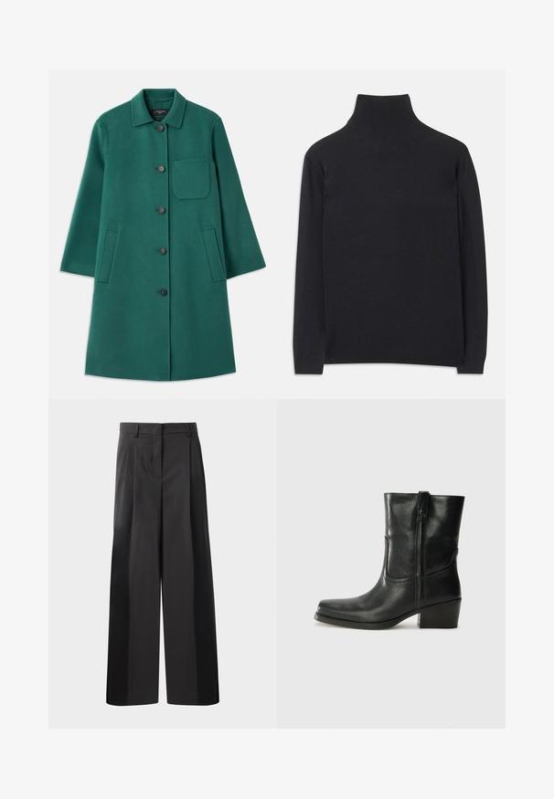 Green wool coat with a collared neckline, button closure, and long sleeves. Features a chest pocket and two side pockets, smooth texture.; Black turtleneck sweater made of soft fabric. Features long sleeves, a high neck, and ribbed cuffs and hem for a fitted look.; Black wide-leg trousers with a high waist, featuring front pleats, a smooth texture, and a tailored finish. Designed for a relaxed fit.; Black leather ankle boot with a rounded toe, block heel, side zipper, and stitching accents on the vamp. Smooth texture, classic design.