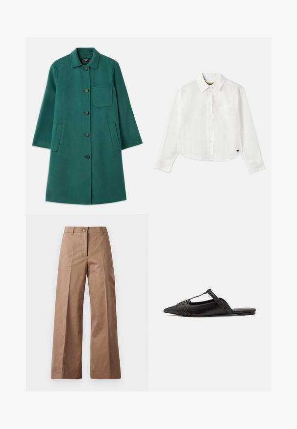 Groene wollen jas met een kraaghalslijn, knoopsluiting en lange mouwen. Heeft een borstzak en twee zijzakken, met een gladde textuur.; Witte, cropped, langemouwen shirt van katoen. Heeft een knoopsluiting aan de voorkant, een borstzak en een klein zwart logo op de linksonder.; Bruine wijde broek gemaakt van een gladde stof, met een voorknoopsluiting, twee zijzakken en strakke, op maat gemaakte lijnen.; Zwarte leren slingback schoen met een puntige neus, voorzien van een gevlochten accent en geplooid ontwerp aan de bovenkant. Platte zool met minimale hardware.