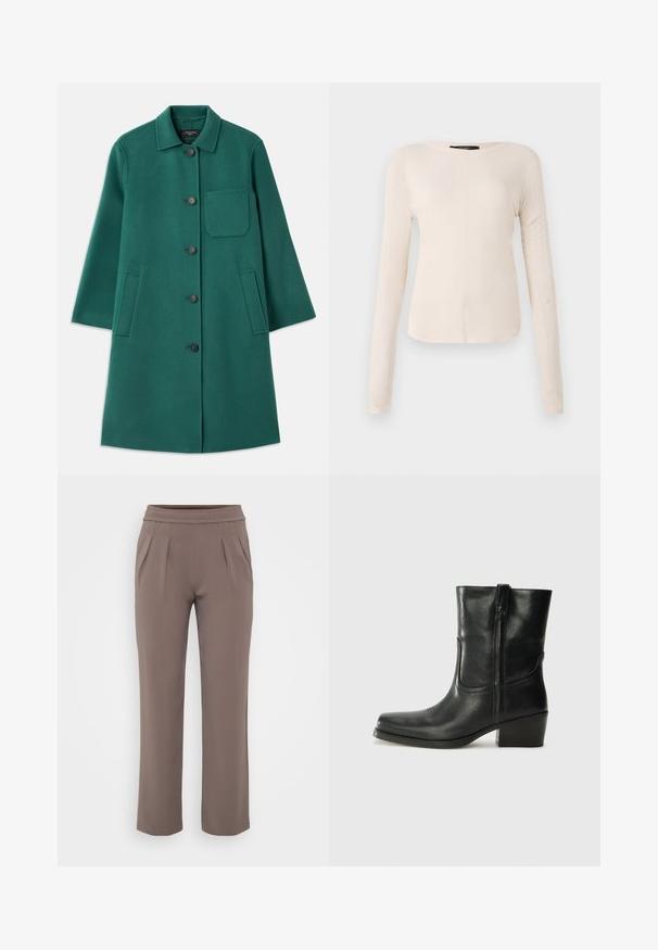 Groene wollen jas met een kraaghalslijn, knoopsluiting en lange mouwen. Heeft een borstzak en twee zijzakken, met een gladde textuur.; Langsleeve, lichtbeige top met een ronde halslijn. Gemaakt van zachte stof, heeft een centrale naad en een iets gebogen rand. Geen zichtbare hardware.; Taupe losvallende broek met elastische tailleband en voorplooien, gemaakt van zachte stof.; Zwarte leren enkellaars met een ronde neus, blokhak, zijrits en stikselaccenten op de wreef. Gladde textuur, klassiek ontwerp.