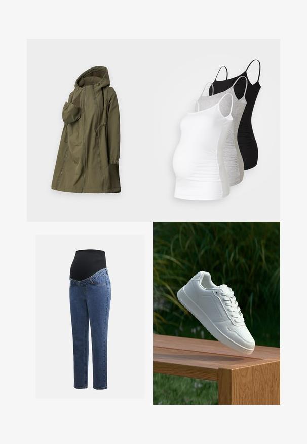 Žalias, ilgomis rankovėmis švarkas, pagamintas iš minkštos medžiagos. Jame yra užtrauktukas priekyje, reguliuojama gobtuvė, elastingi rankogaliai ir šoninės kišenės su siuvinėjimo detalėmis.; Trys nėštumo marškiniai be rankovių – balti, pilki ir juodi. Tampri medžiaga su reguliuojamomis petnešėlėmis ir susiraukšlėjusiomis šoninėmis siūlėmis, užtikrinančiomis komfortą.; Nėštumo džinsai su mėlynos džinsinės medžiagos kojomis ir juodu elastingu pilvo skydeliu, skirtu palaikyti ir uždengti augantį pilvuką.; Balti sneakeriai su lygia sintetine viršutine dalimi, perforuota pirštų zona, plokščiomis raištelėmis ir tekstūruotu padu, padėti ant medinės paviršiaus.