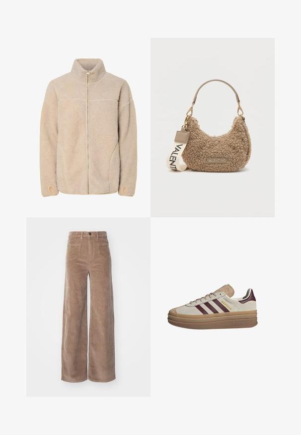 Beež fliistekott kõrge kraega, lukuga ja küljetaskutega. Tekstureeritud pind pehme tundega ja elastsete varrukatega.; Beige kudumüts, millel on pikad raglanvarrukad ja soonikpidamised ning hem, laotatuna heledale taustale.; ONLY HOPE GLOBAL HW EBBA POCKETS - Püksid - fossil; Beežidest suedesneakerid tumepunaste triipudega, valgete detailidega, paksu läbipaistva tallaga ja külgedel tõstetud brändinguga. Kinnitatav disain.; Pruun tekstuuriga käekott, mis on valmistatud pehmest materjalist, omades kõverat kuju, lühikest sangaga ning eemaldatavat rihma, millel on trükitud "VALENTINO".