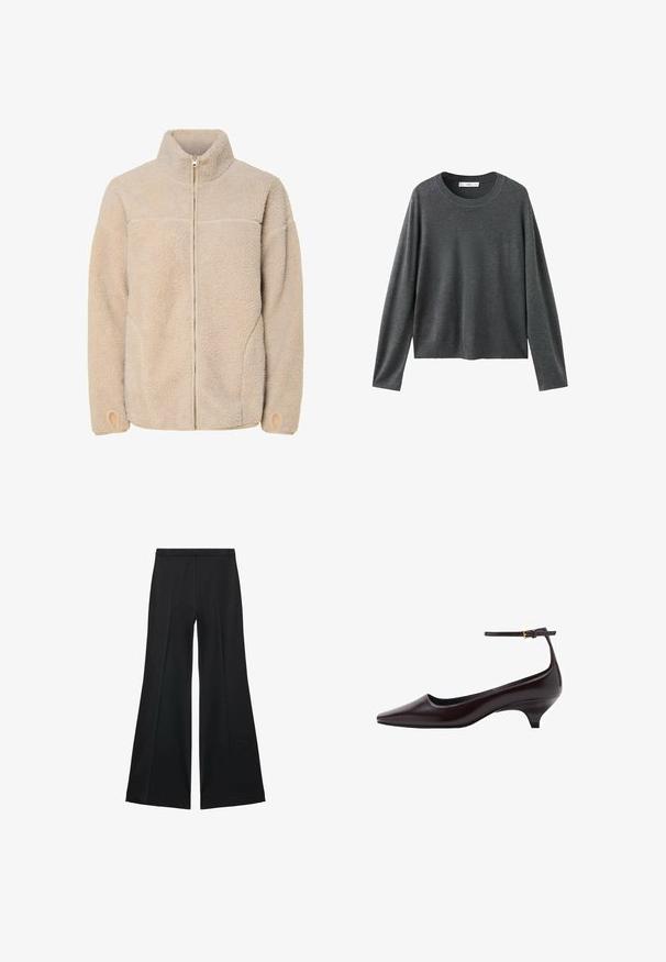 Beige fleece jacket with high collar, zip closure, and side pockets. Textured surface with a soft feel and elastic cuffs.; Gray knitted sweater with long sleeves, round neckline, and a relaxed fit. Made from soft fabric with a smooth texture and no visible patterns.; Black wide-leg pants with a smooth texture, featuring front pleats and a tailored design. The fabric is lightweight and flowy.; Dark brown pointed-toe leather kitten heel shoe with a thin ankle strap and a small gold buckle.