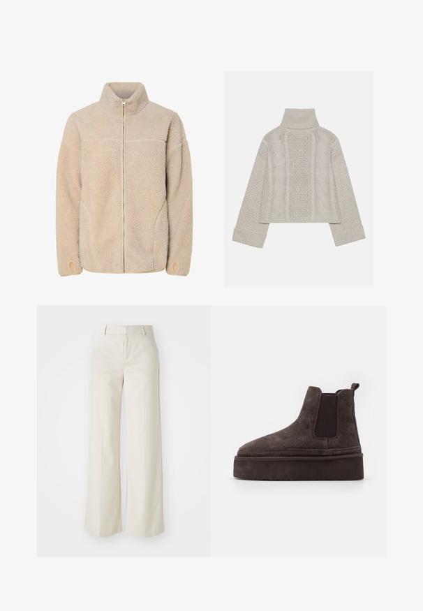 Bežová fleecová bunda s vysokým golierom, zipsom a bočnými vreckami. Textúrovaný povrch s jemným pocitom a elastickými manžetami.; Zastrihnutý svetlý sivý pletený sveter s vysokým golierom a rebrovanými manžetami, so štruktúrovanými káblovými vzormi na chrbte a po stranách.; Široké nohavice svetlej béžovej farby, vyrobené z hladkej textílie. Majú klasický pás a rovný predok s čistými líniami.; Hnedé semišové Chelsea topánky s elastickými bočnými panelmi a hrubou, štruktúrovanou platformou. Obsahujú pútko na päte pre jednoduché obúvanie.