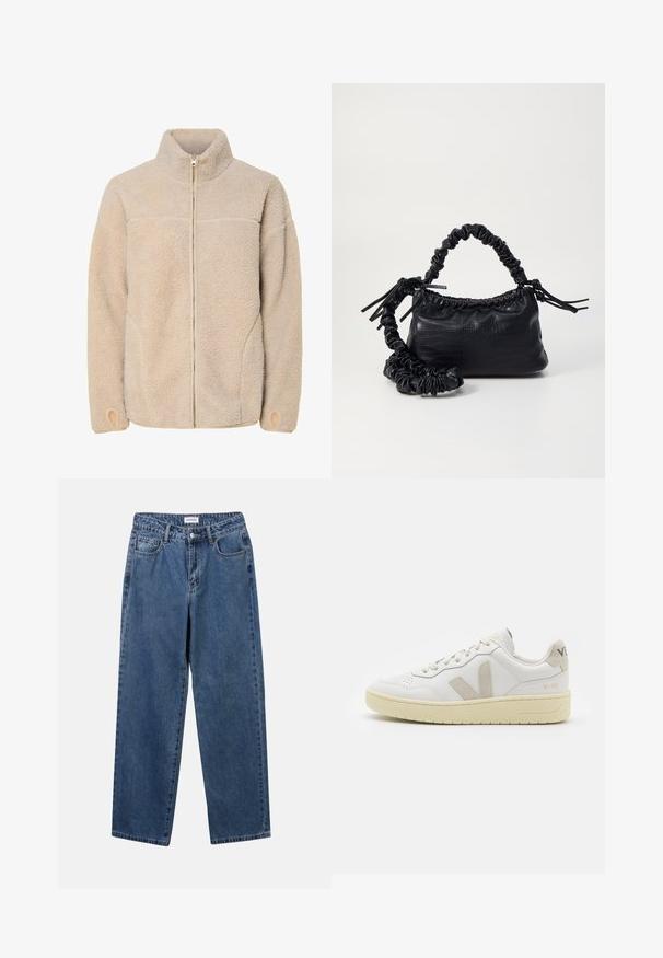 Beżowa polarowa kurtka z wysokim kołnierzem, zamkiem błyskawicznym i kieszeniami po bokach. Teksturowana powierzchnia o miękkim wyczuciu i elastyczne mankiety.; Biała koszula zapinana na guziki, wykonana z gładkiej bawełny, z klasycznym kołnierzykiem, długimi rękawami i zaokrąglonym dołem. Guziki są małe i białe.; Klasyczne niebieskie dżinsy o prostym kroju, pięć kieszeni i zapięcie na guzik. Charakteryzują się średnim odcieniem i solidną teksturą.; Białe skórzane trampki z beżowymi zamszowymi akcentami, perforowanym noskiem, płaskimi sznurowadłami i teksturowaną kremową podeszwą. Posiadają subtelne logo na pięcie.; Czarna torebka z syntetycznej skóry o teksturze krokodyla, z zaciąganym górnym zamknięciem i marszczonym paskiem. Wygląda na miękką i zwartą w designie.