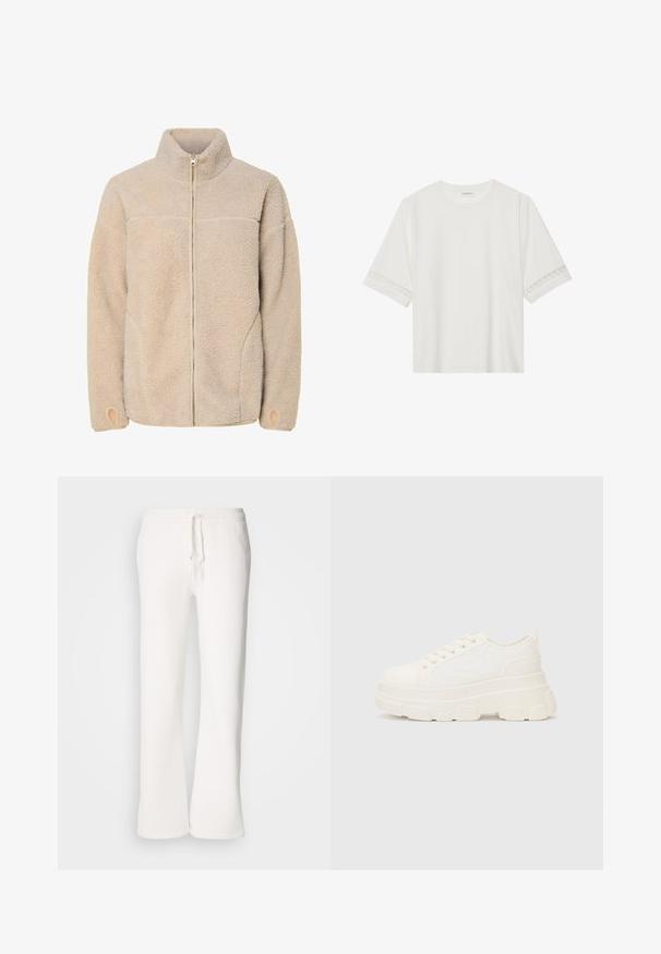 Beež fliistekott kõrge kraega, lukuga ja küljetaskutega. Tekstureeritud pind pehme tundega ja elastsete varrukatega.; Valge lühikese varrukaga T-särk, mis on valmistatud puuvillast, kaunistatud pitsiga varrukate ääres ja ümmarguse kaelusega.; Valged, mugavad spordipüksid, mis on valmistatud pehmest kangast, elastse talje ja nööridega, sirgete jalgadega disainiga.; Valge kangast tennis, millel on paks tald, ümar varvas ja viis augukeed lakkide jaoks. Tagumine silt lihtsaks jalga panemiseks. Sile tekstuur, minimalistik disain.