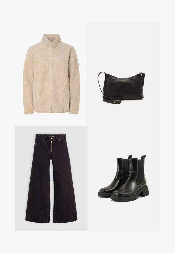 Beige fleece jacket with high collar, zip closure, and side pockets. Textured surface with a soft feel and elastic cuffs.; Set of two fitted turtleneck tops in white and black. Short sleeves, smooth cotton fabric, and close-fitting design. No patterns or graphics.; Wide-leg jeans in black denim with a zippered front, five-pocket design, and subtle stitching details. Smooth texture and casual style.; Black leather Chelsea boots with a chunky heel, elastic side panels, and contrasting white stitching. Textured finish.; Black leather shoulder bag with a smooth texture, curved shape, adjustable strap, and a zip closure. Minimalist design without embellishments.