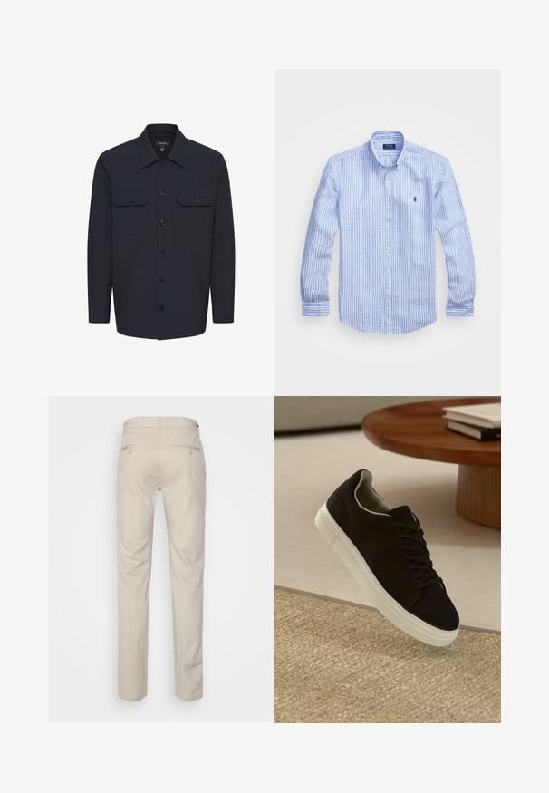 Navy zilā krāsa pogājamā krekla ar punktveida apkakli, divām priekšējām kabatām ar atloci un garām piedurknēm ar pogu aprocēm. Gluda auduma tekstūra.; Zila un baltā svītru garām piedurknēm krekls izgatavots no kokvilnas, ar pogājamu apkakli, priekšējām pogām un nelielu izšūtu logotipu uz krūtīm.; Bežīgas bikses ar gludu tekstūru, taisnas kājas, divas aizmugurējās kabatas ar pogām un standarta jostas vietu.; Melni sporta apavi ar baltu zoli, kas peld virs bēša tekstūrēta paklāja netālu no apaļa koka galda ar sakrautiem grāmatām.