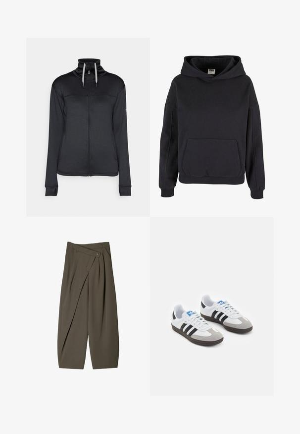 Musta vetoketjulls takki korkean kauluksen, teksturoituneen kankaan ja erottuvan nyörin kanssa. Ominaisuuksina sivutaskut ja peukalolenkit hihansuissa.; Musta puuvillapusero, jossa on tilava kengurupocket, suuri huppu, ribbikuvioidut hihansuut ja helma. Yksinkertainen, pään yli vedettävä malli ilman näkyviä kuvioita.; Housut, joissa on leveä malli tummanoliivinvihreässä kankaassa, pleat-edessä, napin sulkeminen ja kiiltävä, tekstuuri pinta.; Urheilukengät, joissa on valkoinen nahkainen päällinen, harmaa mokkanokka ja kolme mustaa raitaa. Ominaisuuksina sininen logo kielekkeessä ja kuvioitu kumipohja.