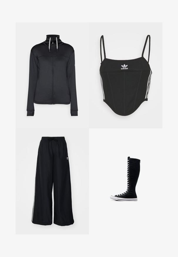 Fekete zipzáras kabát magas gallérral, strukturált anyagból, kontrasztos húzózsinórral. Oldalsó zsebekkel és hüvelykujjnyílásokkal rendelkezik a mandzsettákban.; Fekete bordás crop top állítható vékony pántokkal, három fehér csíkkal az oldalán és egy kis fehér Adidas logóval a közepén.; Fekete, bő szabású nadrág, könnyű anyagból készült. Rugalmas derékkal, zsinórral és fehér oldalcsíkokkal rendelkezik. Márkalogó a csípőn.; Fekete magasszárú tornacipők, magas kialakítással, vászonból készült. Fehér fűzőkkel, varrással és gumitalppal rendelkezik, melynek elülső része meg van erősítve.