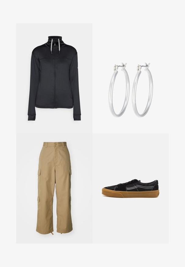 Must have lukuga mustriga ja kontrastsed paelad. Küljel on taskud ja varruka otstes on sõrmeaugud.; Must have valge tikitud "Nike" logo ja sirmiga must puuvillane pikkade varrukatega lühike t-särk, ümar kaelus ja sobiv disain.; Beezid kargo püksid kõrge vöökohaga, laiad jalad ja neli suurt külgtaskut. Valmistatud vastupidavast kangast, millel on sile tekstuur ja minimaalne detail.; Mustad sametist sneakerid valgete õmbluste ja allkirja küljeribaga, tan värvi kummitald ja madal disain. Mustade paeltega seotud.; Hõbedased rõngaskõrvarõngad, millel on sile, läikiv viimistlus. Ümmargune kuju ja turvaline klõpsulatus. Kerge disain, sobib igapäevaseks kandmiseks.