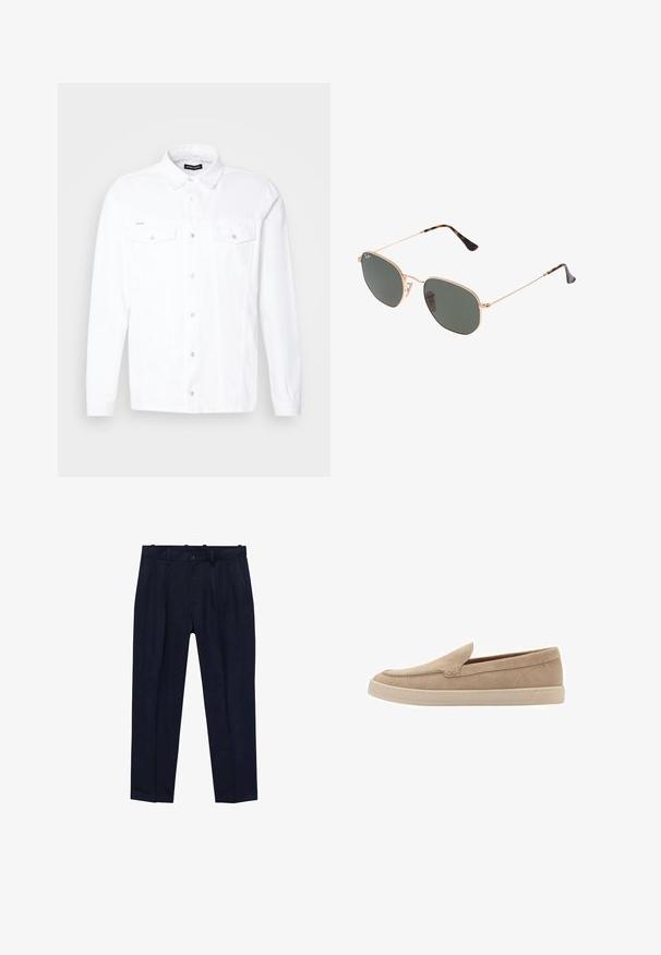 Camicia bianca a maniche lunghe con chiusura a bottoni, colletto, due taschini sul petto e bottoni in metallo argentato. Realizzata in un tessuto testurizzato.; Camicia bianca con colletto classico, maniche lunghe e una texture liscia. Presenta un design semplice con bottoni abbinati.; Pantaloni navy realizzati in tessuto liscio, con un fit leggermente sagomato, pieghe frontali, passanti per cintura e chiusura a un bottone.; Scarpa slip-on in suede beige con punta arrotondata e dettagli cuciti. Suola in gomma chiara con design a profilo basso.; Occhiali da sole con montatura in metallo dorato e lenti verde scuro, stile aviator, con aste sottili e dettagli in tartaruga sulle punte.