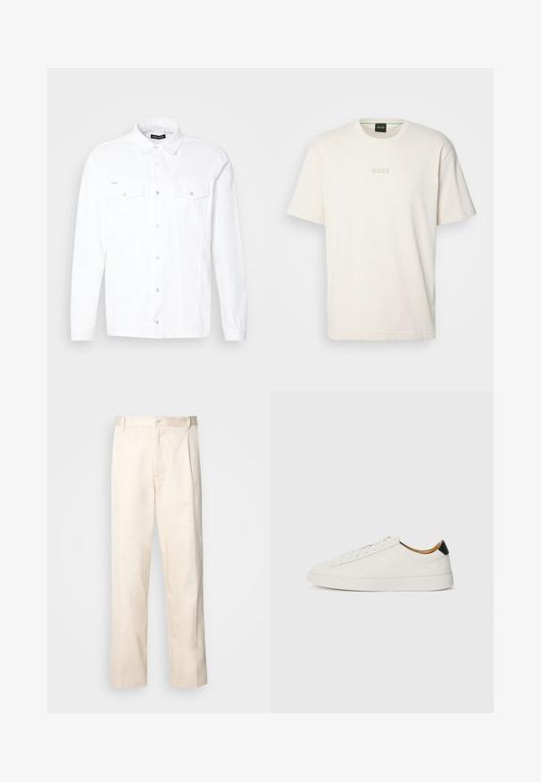Weißes Hemd mit langen Ärmeln, Knopfleiste, Kragen, zwei Brusttaschen und silbernen Metallknöpfen. Hergestellt aus einem strukturierten Stoff.; BOSS TEE - T-Shirt basic - open white; Beige Baumwollhose mit geradem Bein, ausgestattet mit einem Knopfverschluss und Falten an der Vorderseite für zusätzliche Details.; Weißer Sneaker mit glattem Lederobermaterial, runder Zehenpartie und flacher Sohle. Schwarzer Akzent an der Ferse, mit farblich abgestimmten Schnürsenkeln und minimalem Branding.