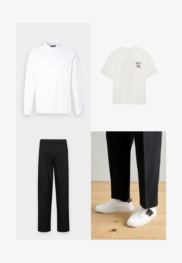 Balts garām piedurknēm krekls ar pogu aizdari, apkakli, divām krūtīm kabatām un sudraba metāla pogām. Izgatavots no teksturēta auduma.; Balta kokvilnas t-krekls ar īsām piedurknēm un apaļu kaklu, ar izšūtu ziedu dizainu rozā un melnā krāsā kreisajā krūšu daļā.; Melnas bikses, izgatavotas no gludas auduma, ar taisnu kāju dizainu, divām priekšējām krokām un standarta jostu, kurai ir āķi.; Baltā pārsoļa apavi ar gludu tekstūru, papildināti ar brūniem ādas akcentiem un melniem elementiem, savienoti ar melnām pielāgotām biksēm. Koka grīdas fons.