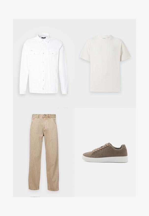 Weißes Hemd mit langen Ärmeln, Knopfleiste, Kragen, zwei Brusttaschen und silbernen Metallknöpfen. Hergestellt aus einem strukturierten Stoff.; Weißes T-Shirt mit kurzen Ärmeln in gerippter Textur. Runder Ausschnitt, lockere Passform, keine sichtbaren Muster oder Akzente. Einfaches und vielseitiges Design.; Beige Denim-Jeans mit geradem Beinschnitt, ausgestattet mit Vordertaschen, einem Metallknopfverschluss und feiner Textur.; Braune Wildledersneaker mit flachen weißen Gummisohlen, Schnürdesign, abgerundete Zehen und einer glatten Textur. Minimalistischer Stil mit dezenten Nähdetails.